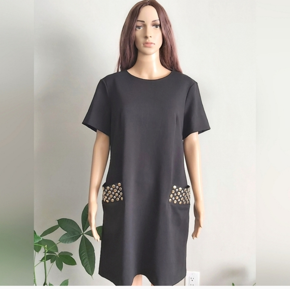 Calvin Klein dress size 14 black midi shift short sleeves studded front